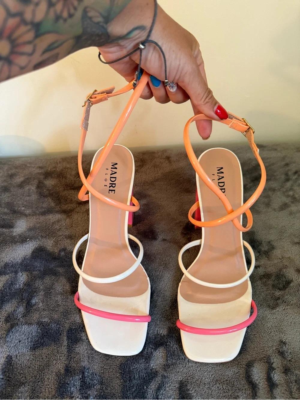 Madre Floe Multi-Color Strappy Block Heel Sandals - Orange/White/Pink